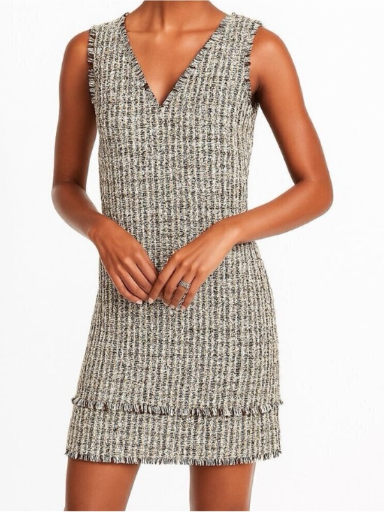 LOFT Dresses & Skirts - NEW LOFT Blue Gold Metallic Tweed V-Neck Size 14 Mini Dress Sleeveless Fringe